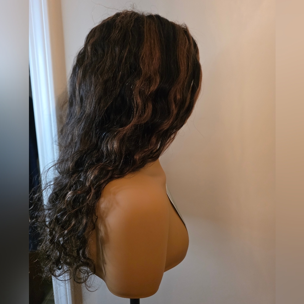 Natural Color With Chestnut Hightlights Water Wave Human Hair Wig - Picture 4 of 8